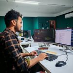 Professional developer workspace with web development tools displayed on monitors
