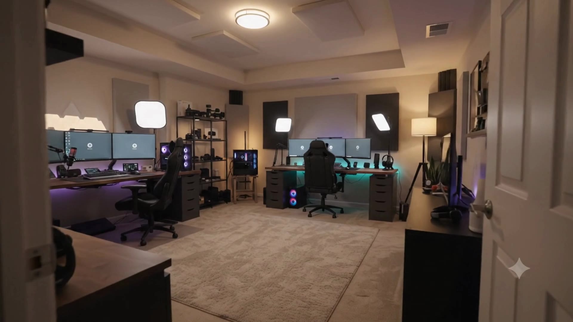 AmirHesam's room: a desk with three monitors, a Raspberry Pi bench, a gadget shelf, two guitars, a camera corner, and Matteo the dog with Maxy the cat