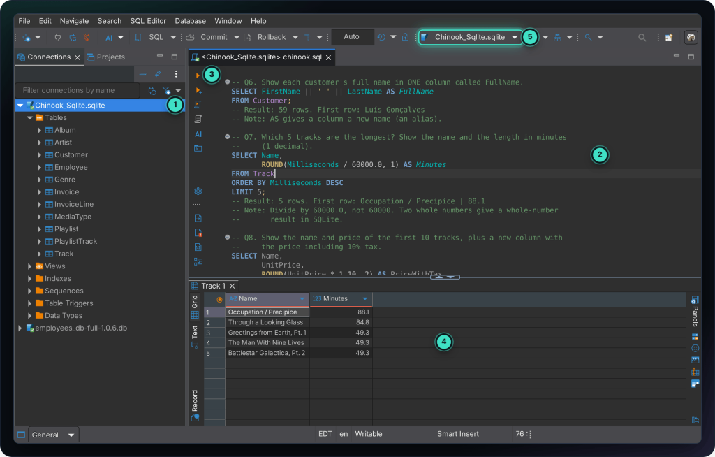 DBeaver with the Chinook database open, a practice question and its result