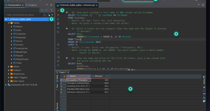 DBeaver with the Chinook database open, a practice question and its result