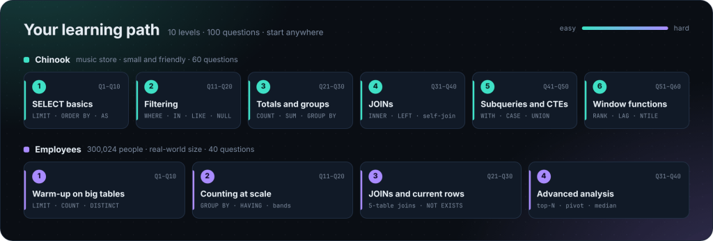 SQL learning path: 10 levels and 100 questions across the Chinook and Employees databases